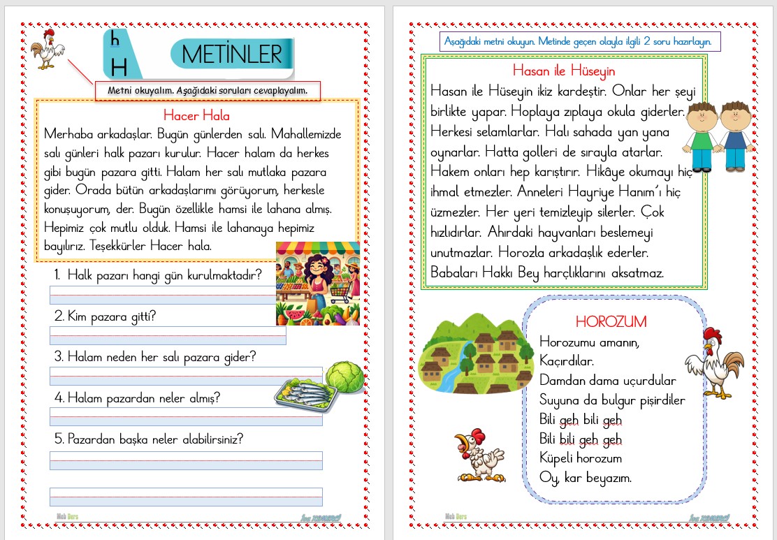 1. Sınıf İlk Okuma Yazma H Sesi METİNLER