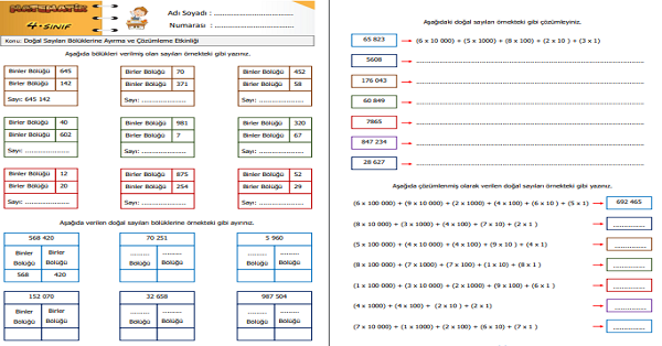 4. Sınıf Matematik Doğal Sayıları Bölüklerine Ayırma ve Çözümleme Etkinliği