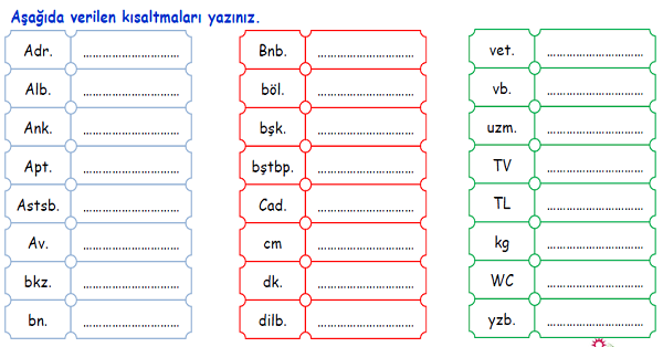 4. Sınıf Türkçe Kısaltmalar-1