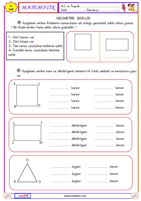 4. Sınıf Matematik Geometrik Şekiller Etkinliği 6