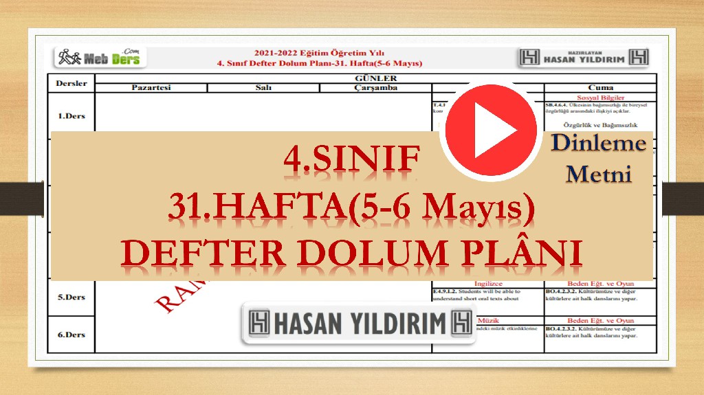 4. Sınıf 31.Hafta(5-6 Mayıs) Defter Dolum Planı