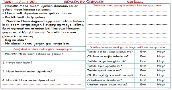 2. Sınıf 9 Eylül Günlük Ev Ödevi
