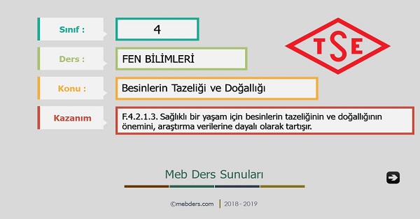 4. Sınıf Fen Bilimleri Besinlerin Tazeliği ve Doğallığı Sunusu