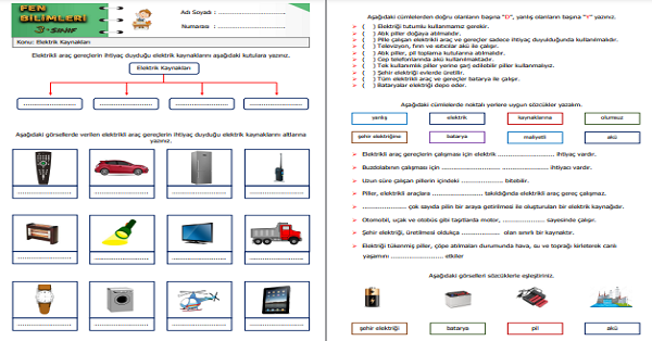 3. Sınıf Fen Bilimleri Elektrik Kaynakları Etkinliği