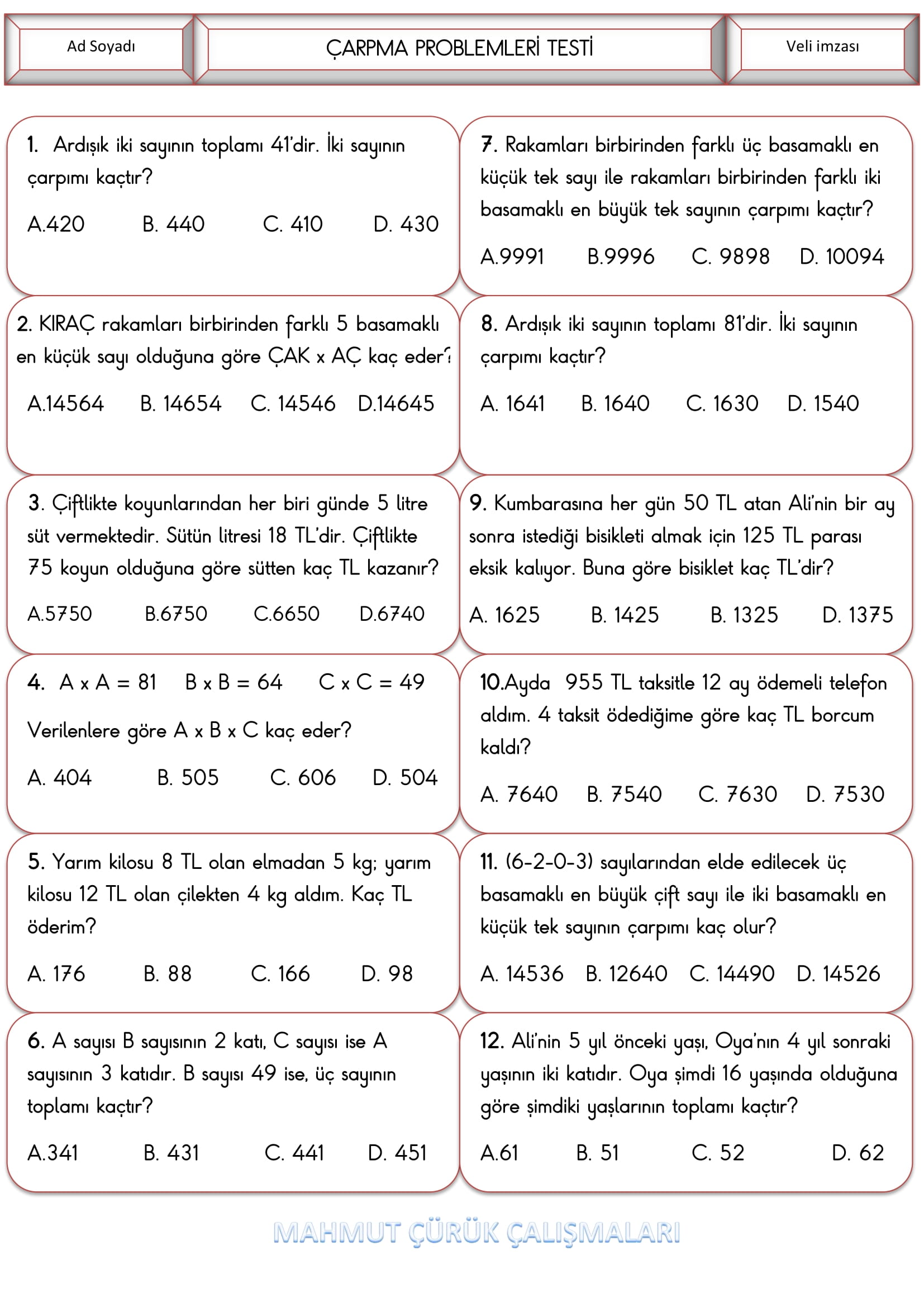 4. Sınıf - Matematik Çarpma Problemleri Testi