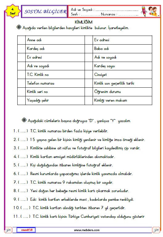 4. Sınıf Sosyal Bilgiler Kimliğim Etkinliği