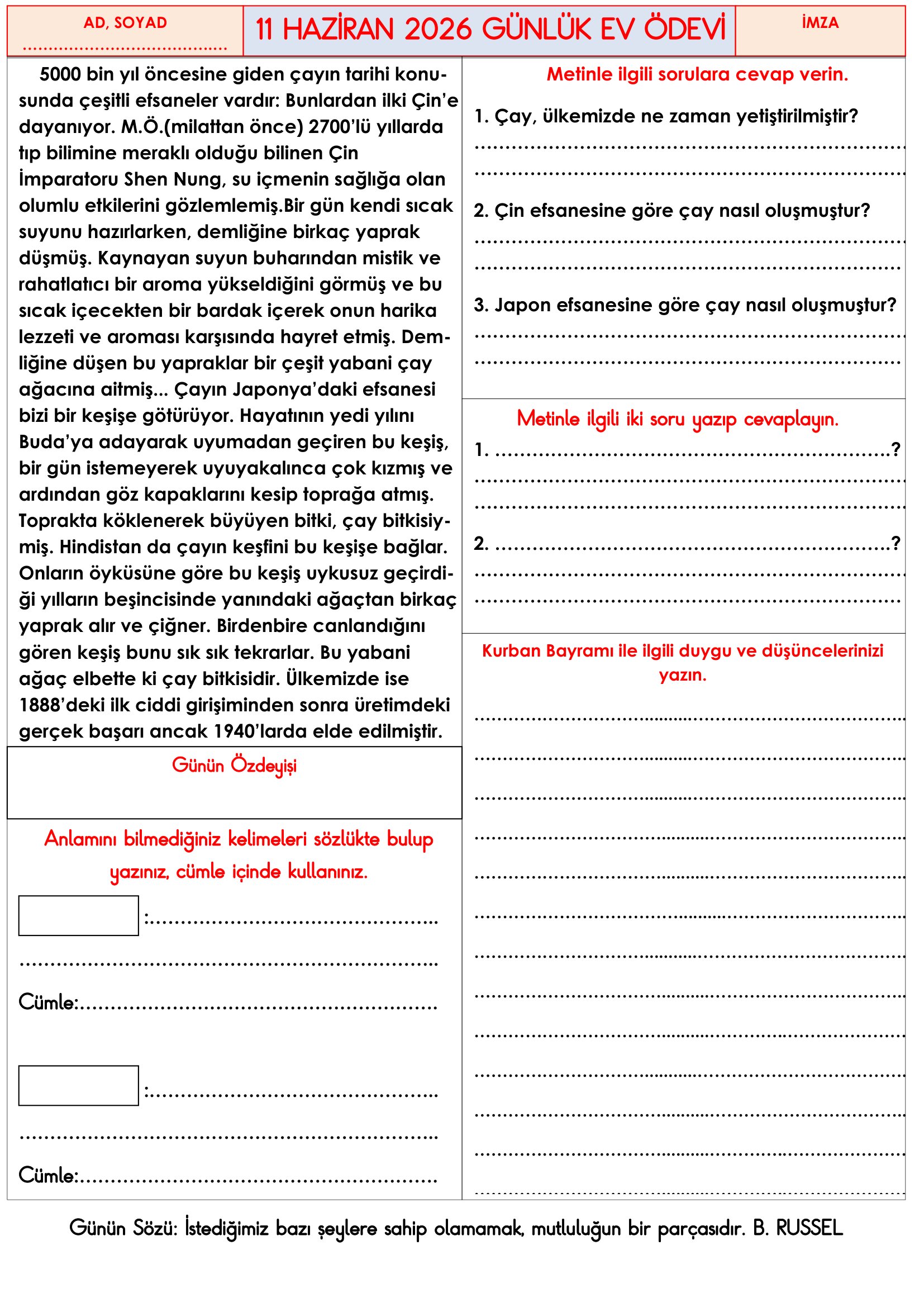 3. Sınıf - 11 Haziran 2026 Günlük Ev Ödevleri