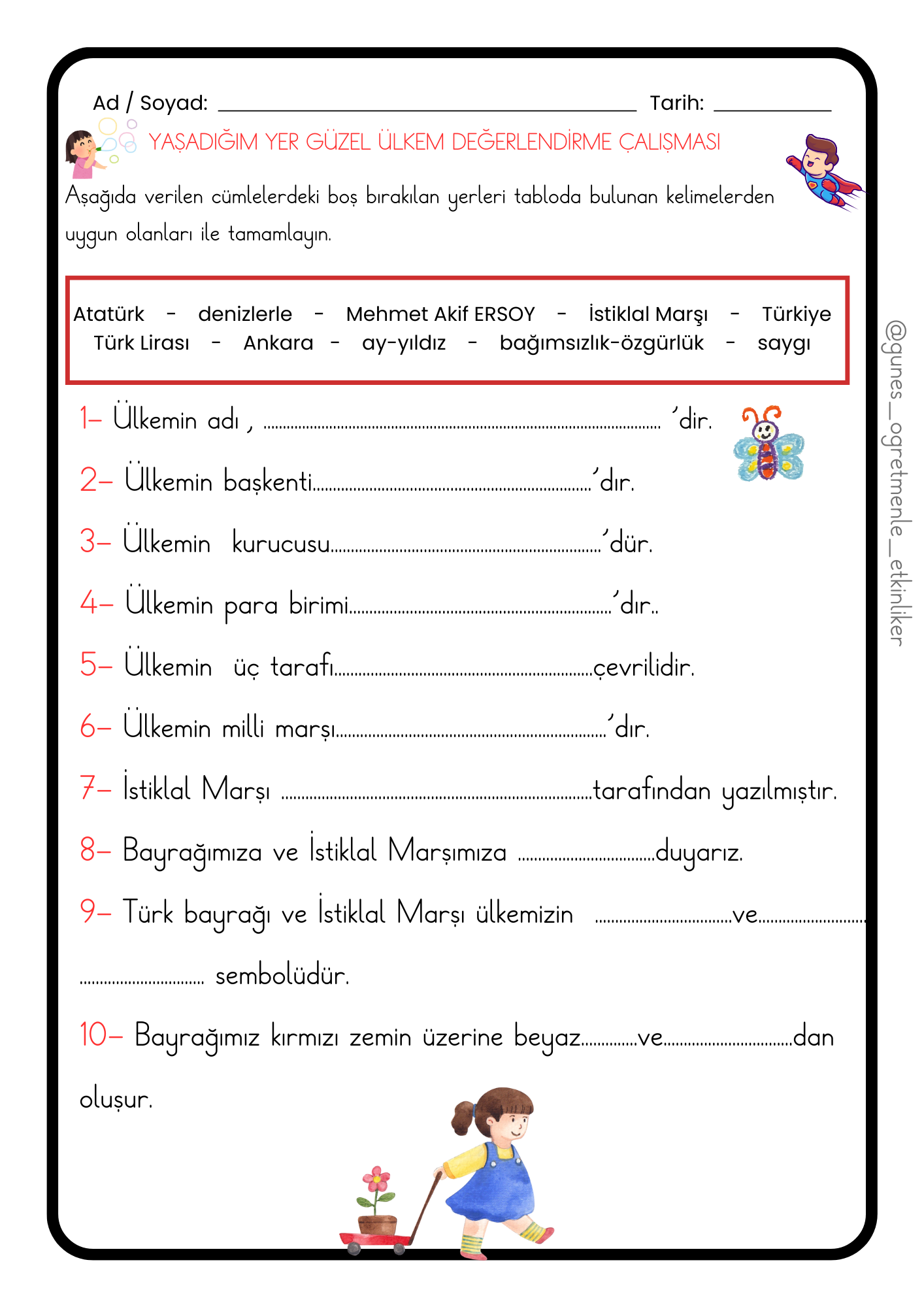 1. Sınıf Hayat Bilgisi Güzel Ülkem Türkiye Değerlendirme
