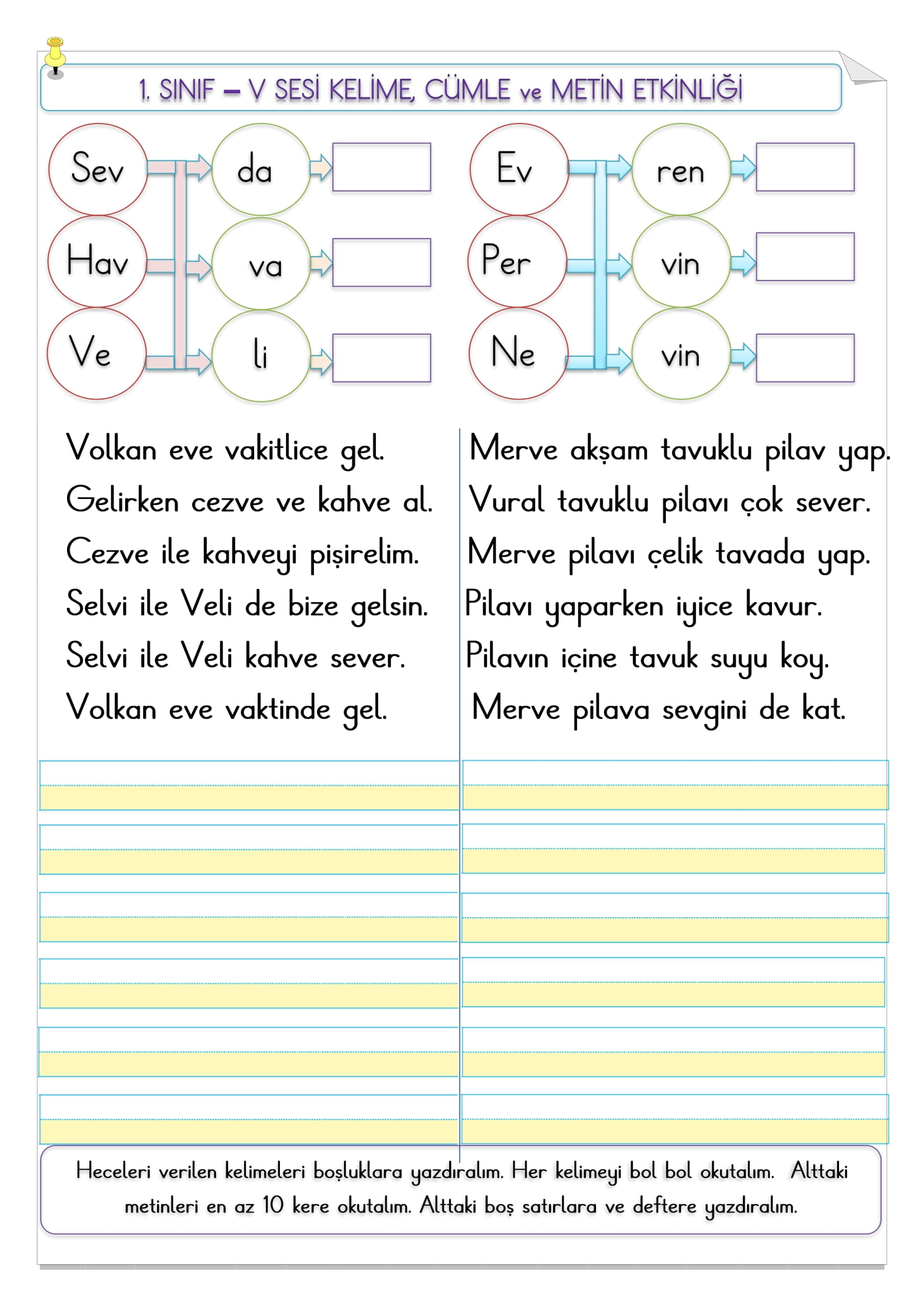 1. Sınıf İlk Okuma Yazma V sesi kelime, cümle ve metin etkinliği