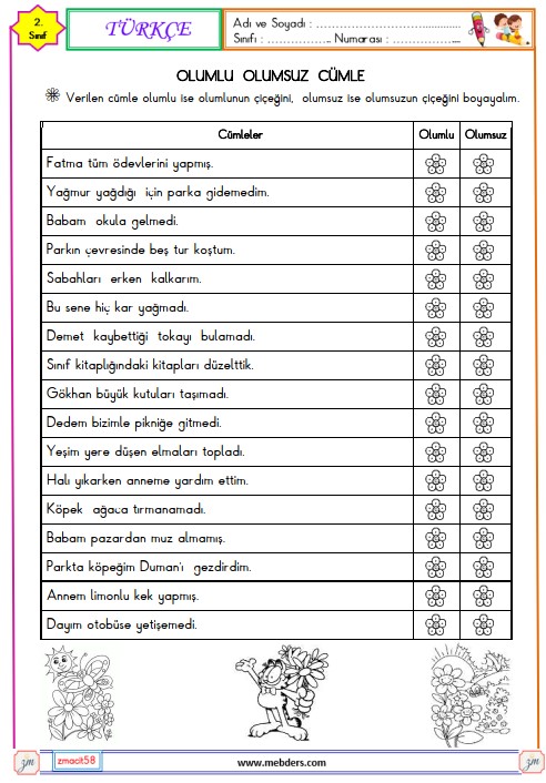 2. Sınıf Türkçe Olumlu ve Olumsuz Cümle Etkinliği 5