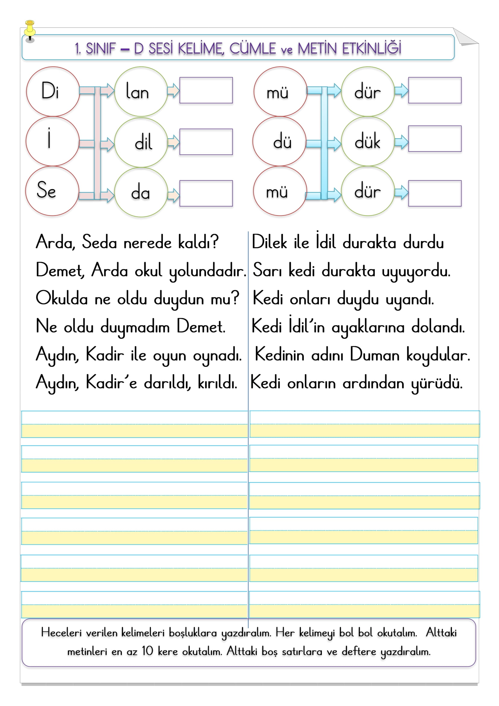 1. Sınıf İlk Okuma Yazma D Sesi Kelime, Cümle ve Metin Etkinliği
