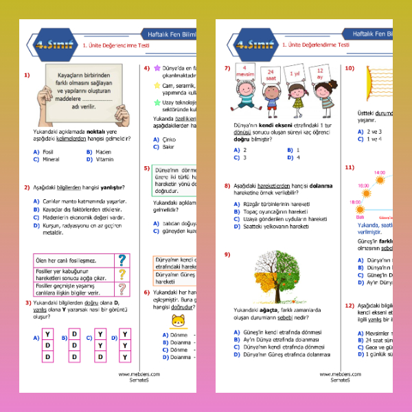 4. Sınıf Fen Bilimleri - 1. Ünite Değerlendirme Testi