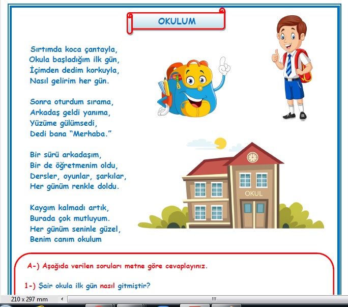 2. Sınıf Türkçe Okulum Şiiri Okuma Anlama Metin Çalışması