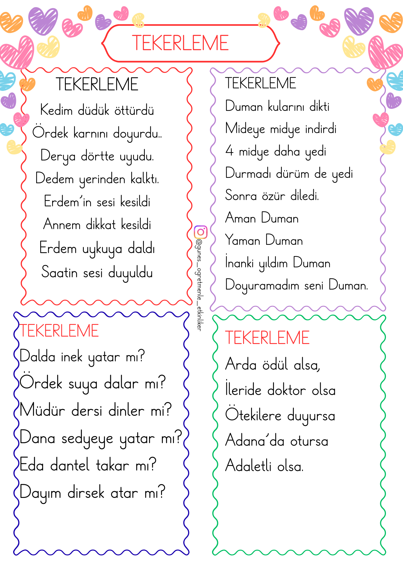 1. Sınıf İlk Okuma Yazma D-d Sesi Tekerleme ve Okuduğunu Anlama Metinleri