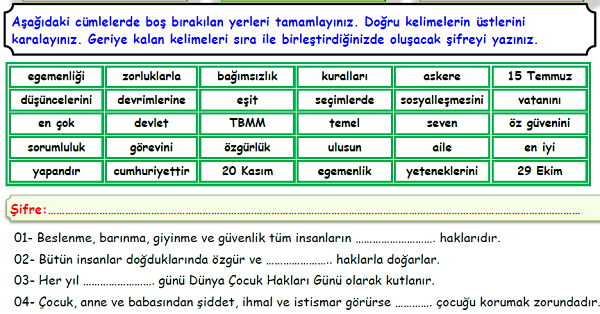 4. Sınıf Sosyal Bilgiler İnsanlar ve Yönetim Ünitesi Boşluk Doldurma Etkinliği