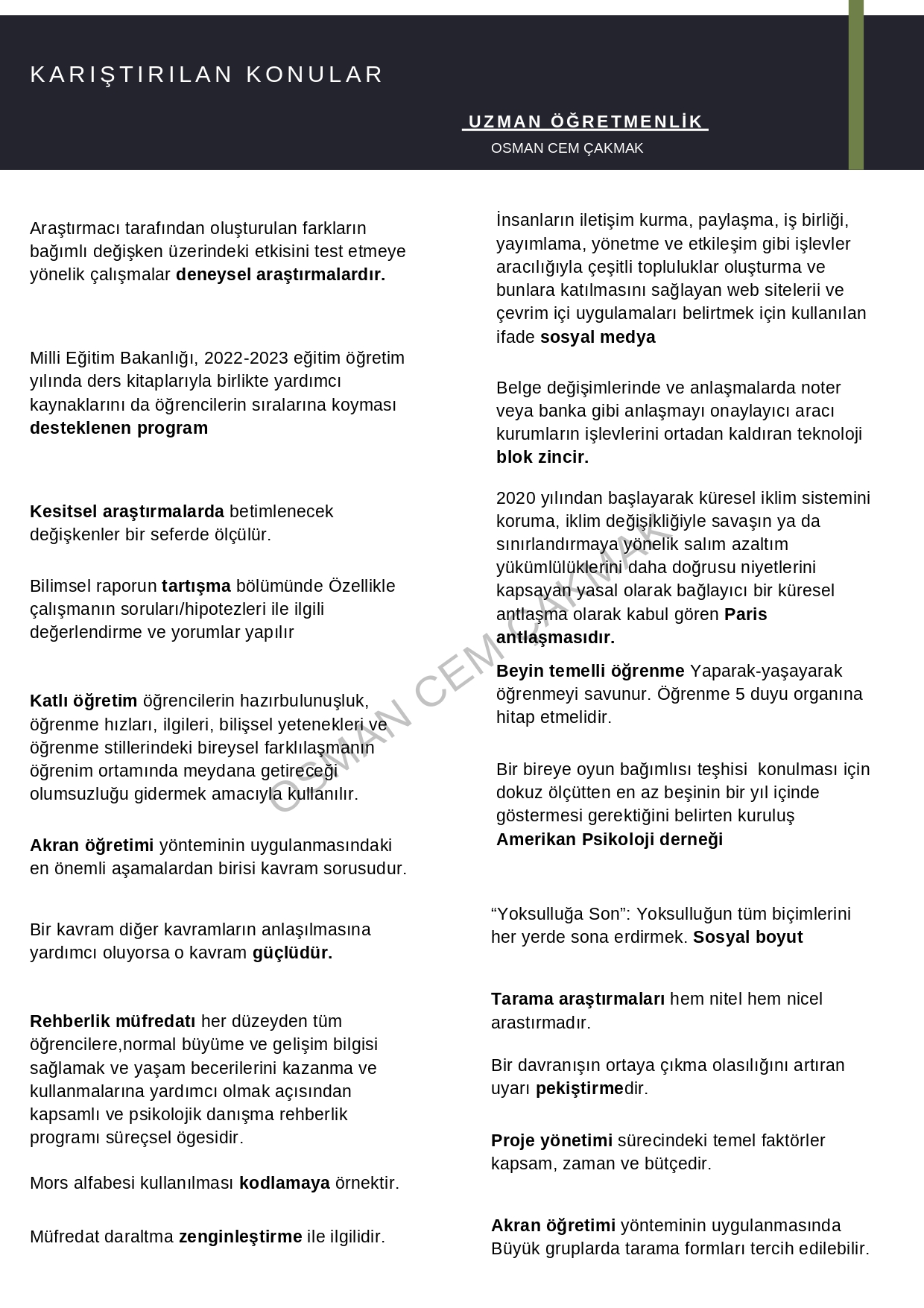 Anahtar kelimeler, Karıştırılan Konular Uzman Öğretmenlik