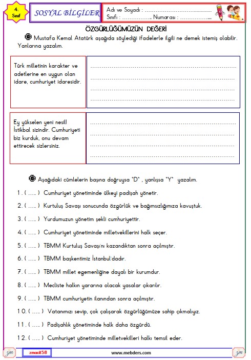 4. Sınıf Sosyal Bilgiler Özgürlüğümüzün Değeri Etkinliği 3