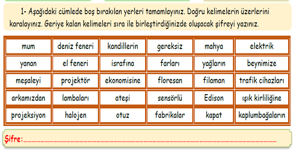 4. Sınıf Fen Bilgisi Aydınlatma ve Ses Teknolojileri Ünitesi Boşluk Doldurma Etkinlikleri