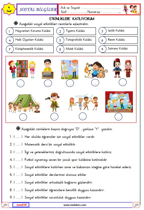 4. Sınıf Sosyal Bilgiler Etkinliklere Katılıyorum Etkinliği 3