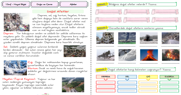 1. Sınıf Hayat Bilgisi Afetleri Tanıyalım Etkinliği