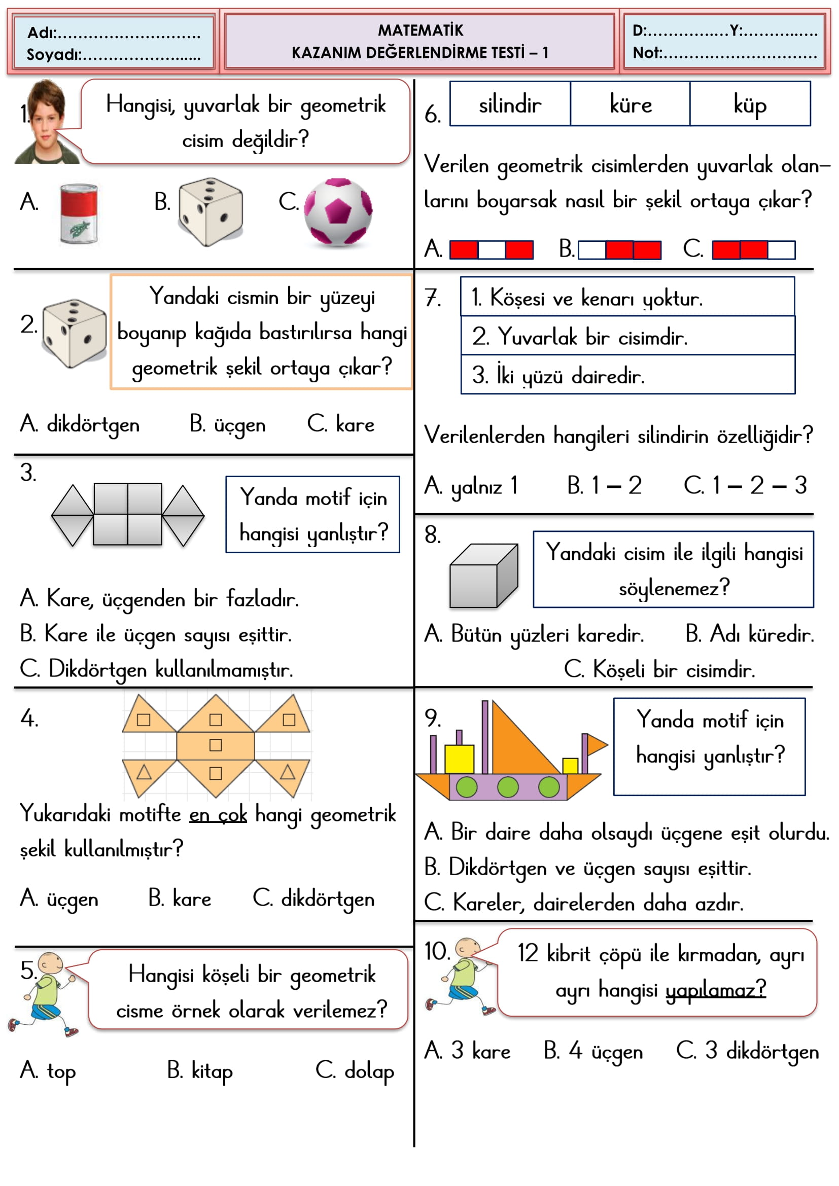 2. Sınıf Matematik Kazanım Değerlendirme Testi-1