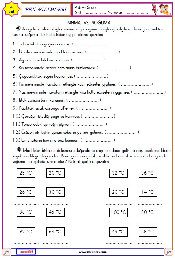 4. Sınıf Fen Bilimleri Maddenin Isı Etkisiyle Değişimi Etkinliği 1