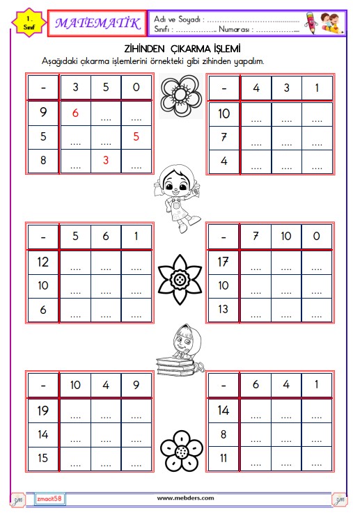 1. Sınıf Matematik Zihinden Çıkarma İşlemi Etkinliği 12