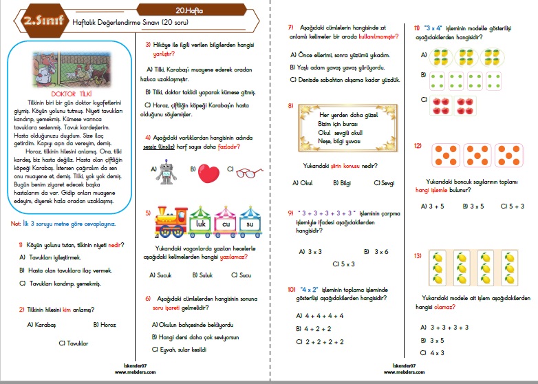 2. Sınıf Haftalık Değerlendirme Testi - 20.Hafta (07-11 Şubat)