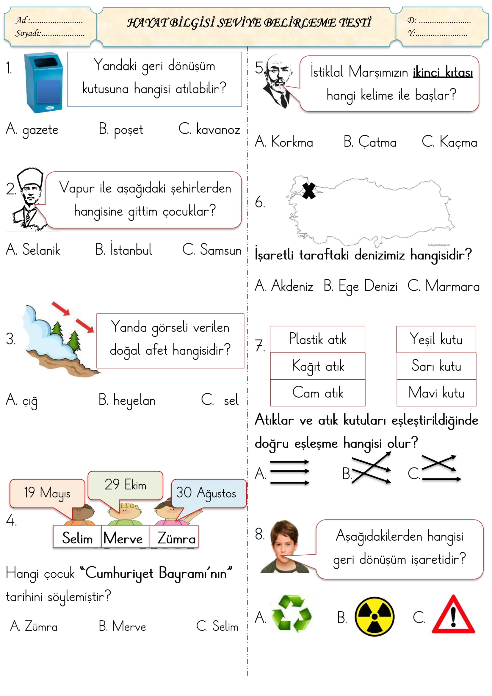1. Sınıf Hayat Bilgisi Seviye Belirleme Testi-3
