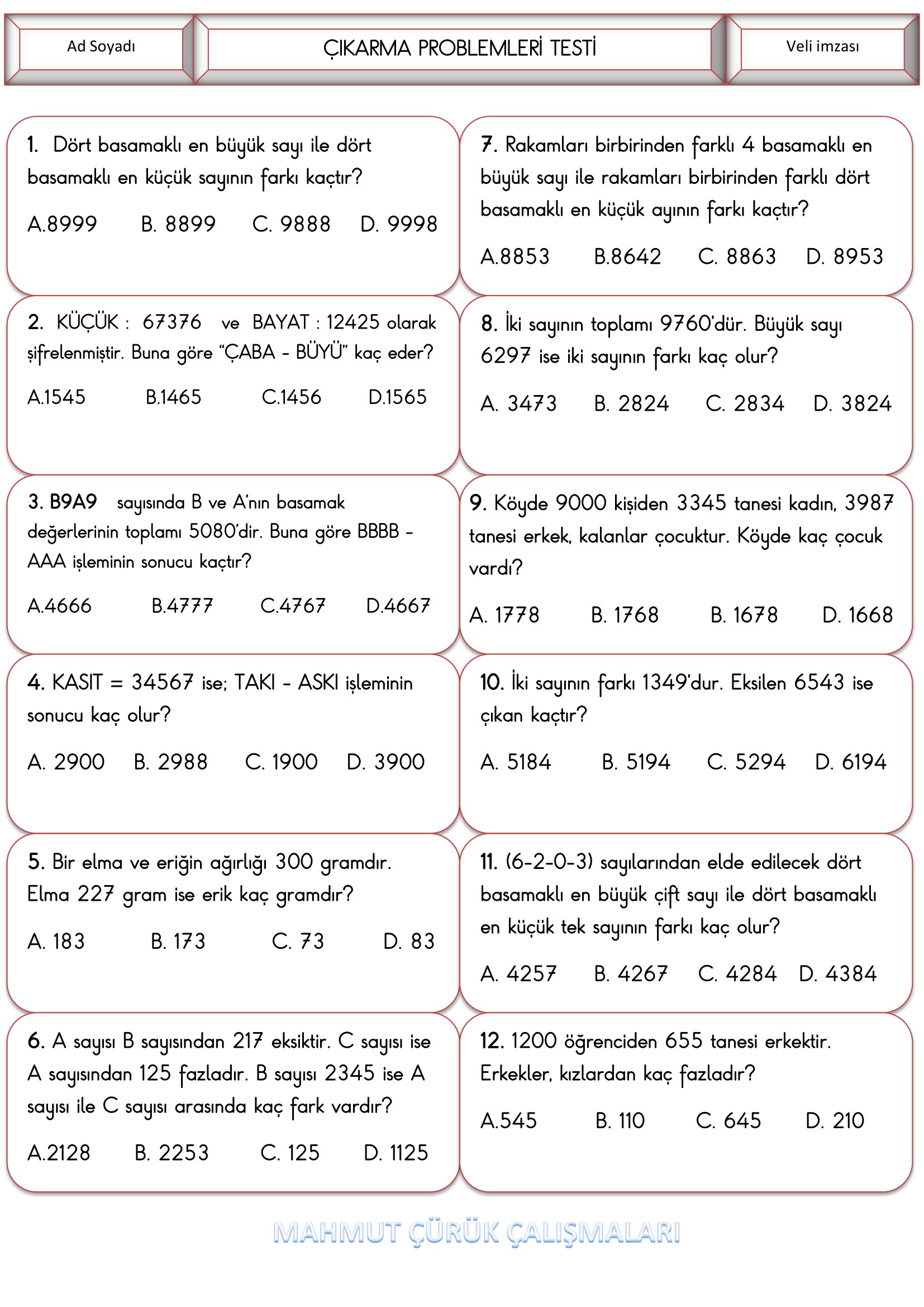 4. Sınıf - Matematik Çıkarma Problemleri-4