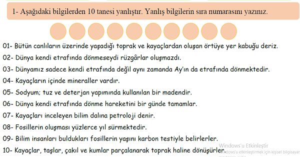 4. Sınıf Fen Bilimleri Yer Kabuğu ve Dünyamızın Hareketleri Doğru Yanlış Etkinliği