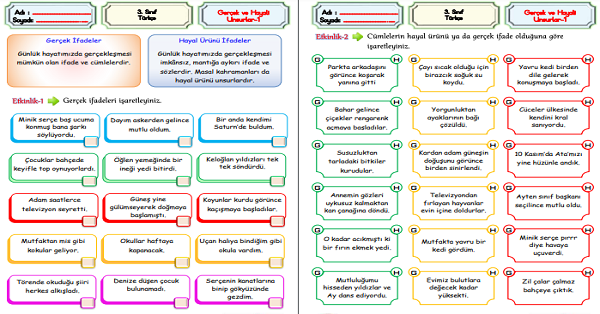 3. Sınıf Türkçe Gerçek ve Hayali Unsurlar-1