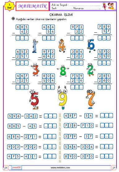 3. Sınıf Matematik Çıkarma  İşlemi Etkinliği 1