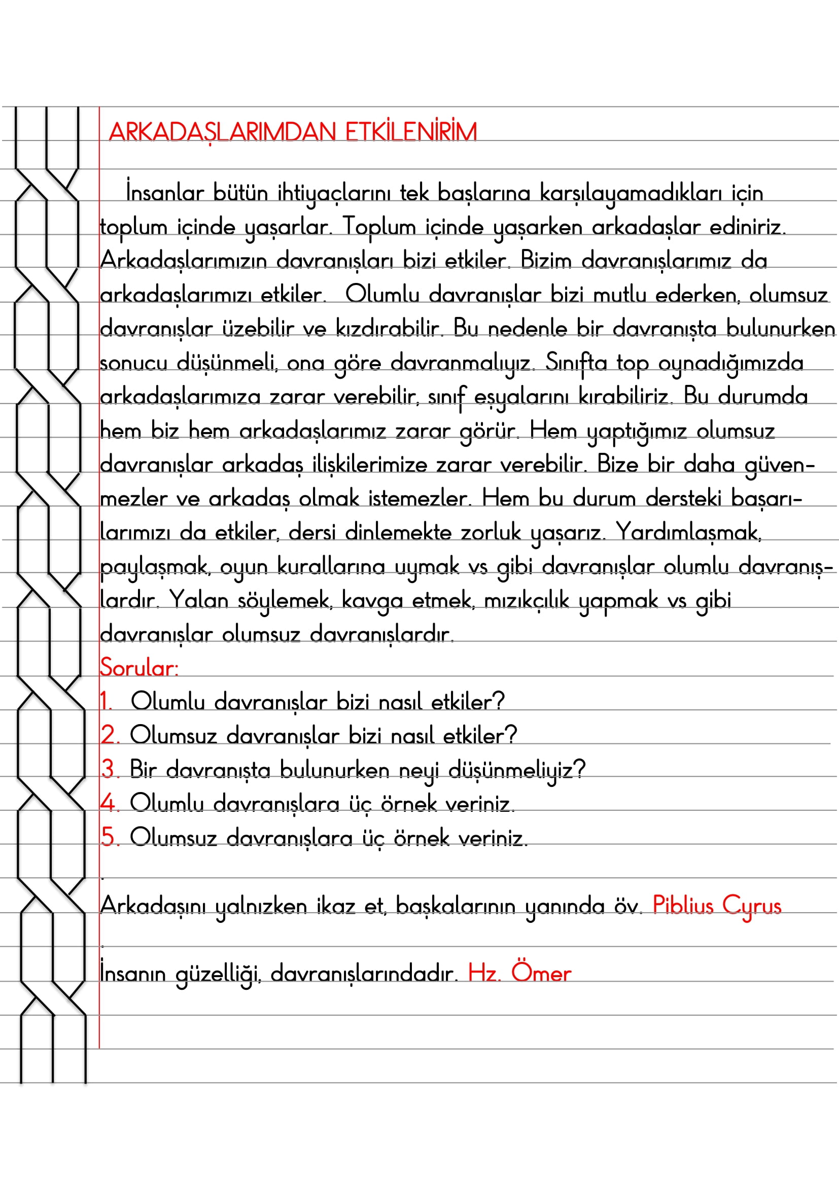 3. Sınıf - Hayat Bilgisi Arkadaşlarımdan Etkilenirim Defter Özeti