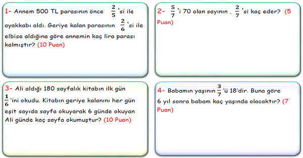 4. Sınıf Matematik Kesirlerle İlgili Problemler-3