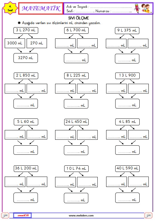 4. Sınıf Matematik Sıvı Ölçme Etkinliği 7