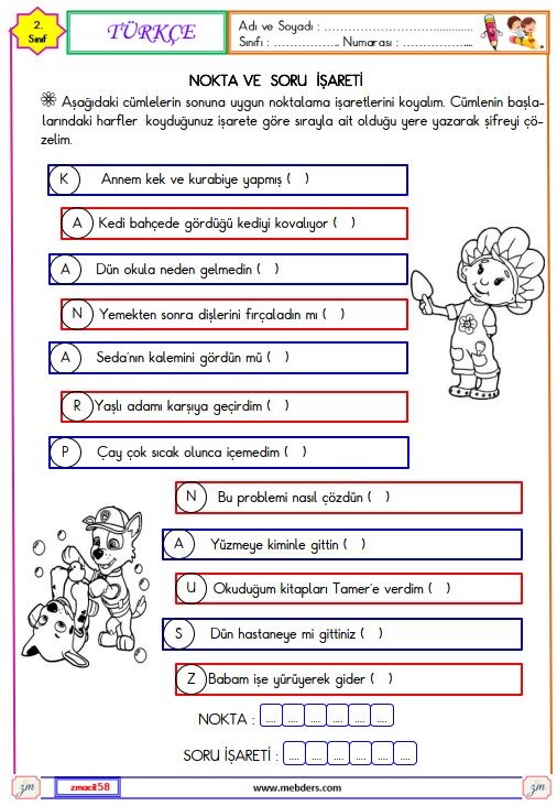 2. Sınıf Türkçe Nokta ve Soru İşareti Etkinliği