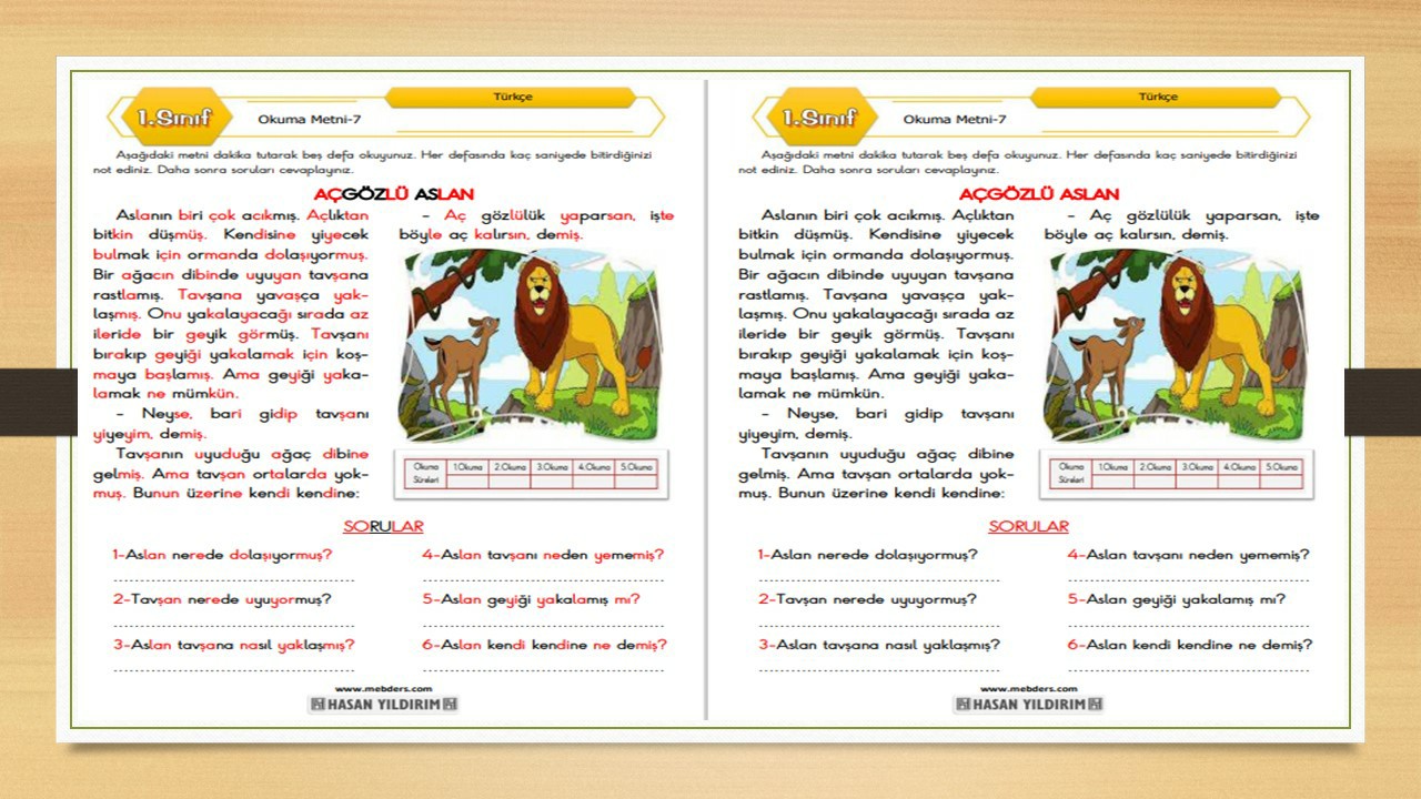 1. Sınıf Türkçe Okuma Metni-7 (Açgözlü Aslan)