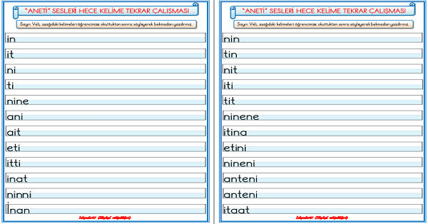 1. Sınıf İlk Okuma Yazma (A-N-E-T-İ) Sesleri Hece Kelime Tekrar Çalışması