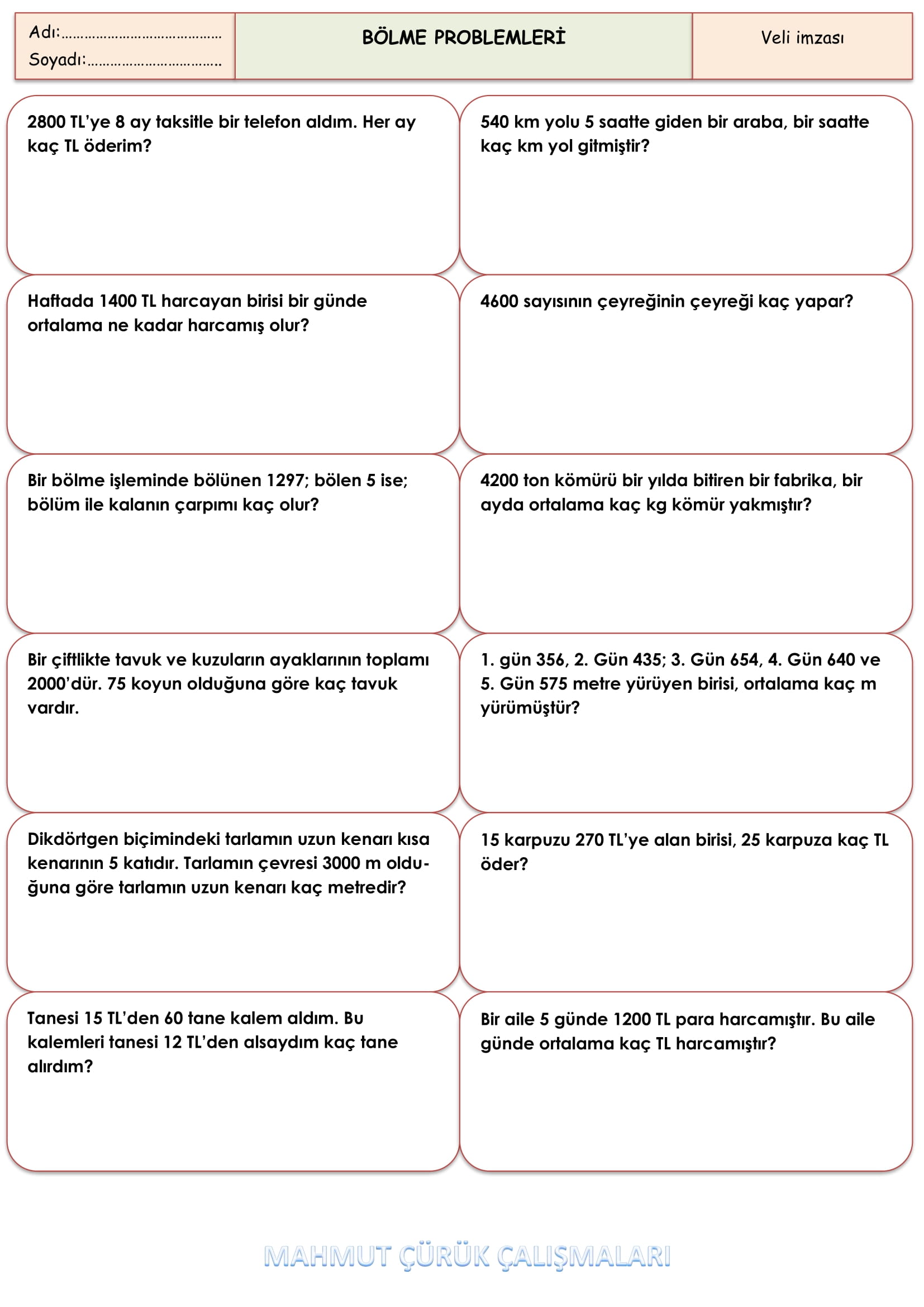 4. Sınıf - Matematik Bölme Problemleri-1