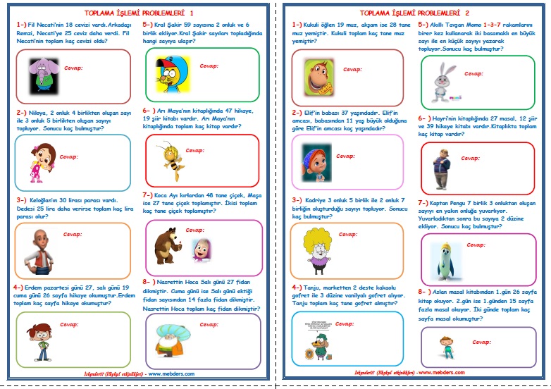 2. Sınıf Matematik Toplama İşlemi Problemleri (4 Sayfa)