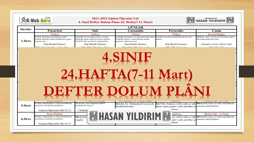 4. Sınıf 24.Hafta(7-11 Mart) Defter Dolum Planı