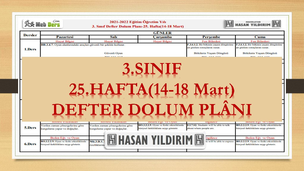 3. Sınıf 25.Hafta(14-18 Mart) Defter Dolum Planı