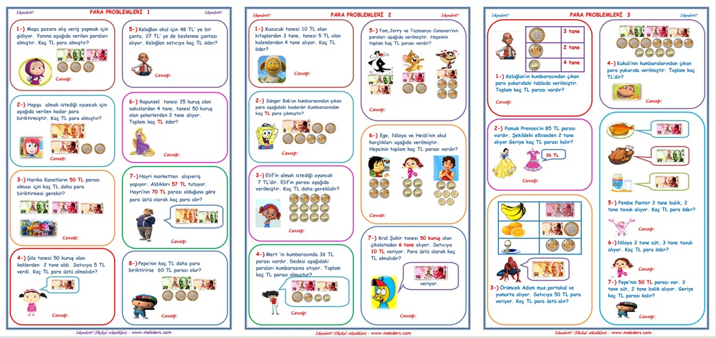 2. Sınıf Matematik Para Problemleri 1-2-3 (3 Sayfa)