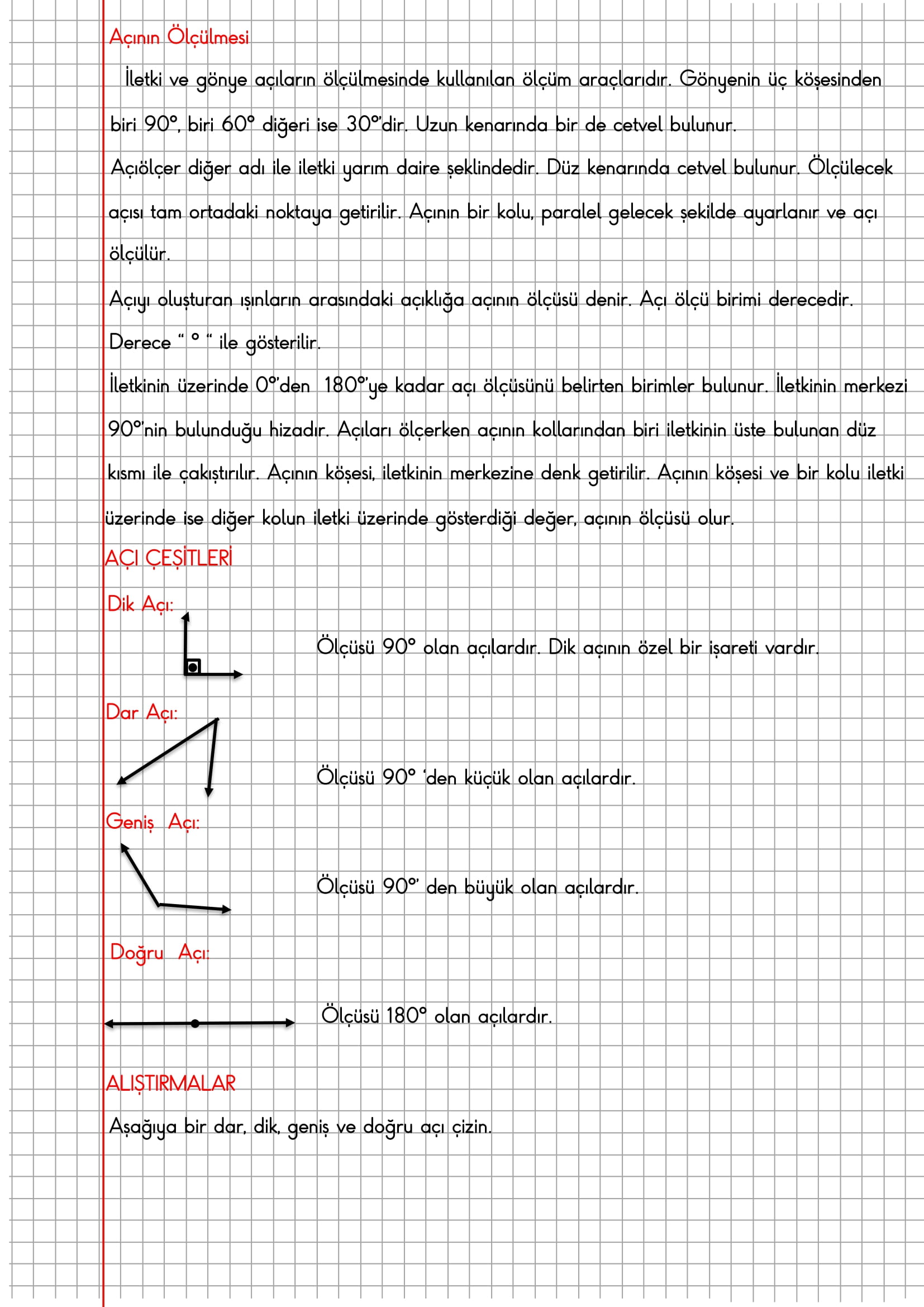 4. Sınıf Matematik Kareli Defterde Açının Ölçümü Konu Özeti