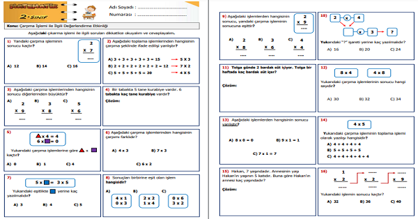 2. Sınıf Matematik Çarpma İşlemi ile İlgili Değerlendirme Etkinliği