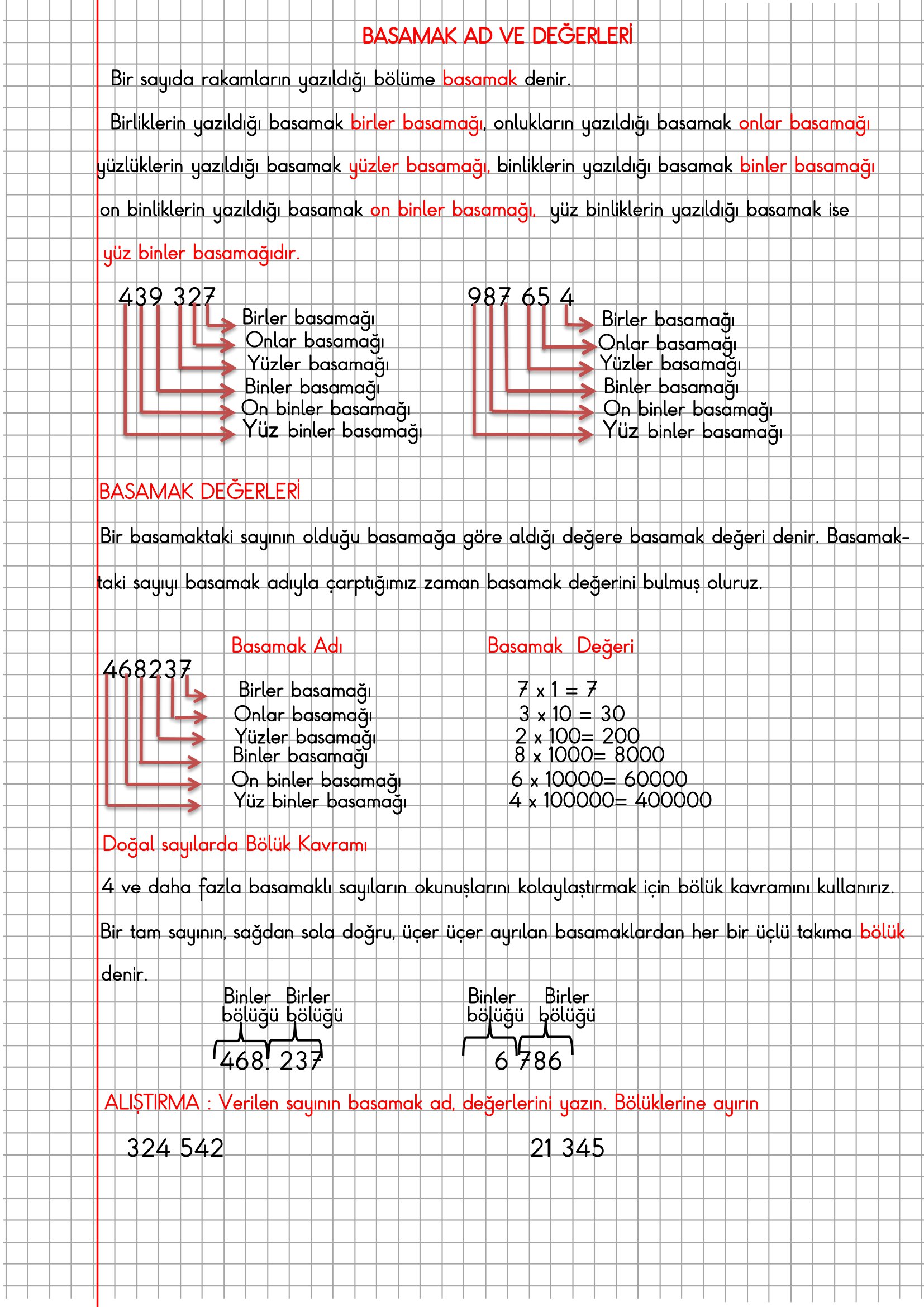 4. Sınıf Matematik Kareli Defterde 4.5.6 Basamaklı Sayıların Basamak Ad ve Değerleri Konu Anlatımı