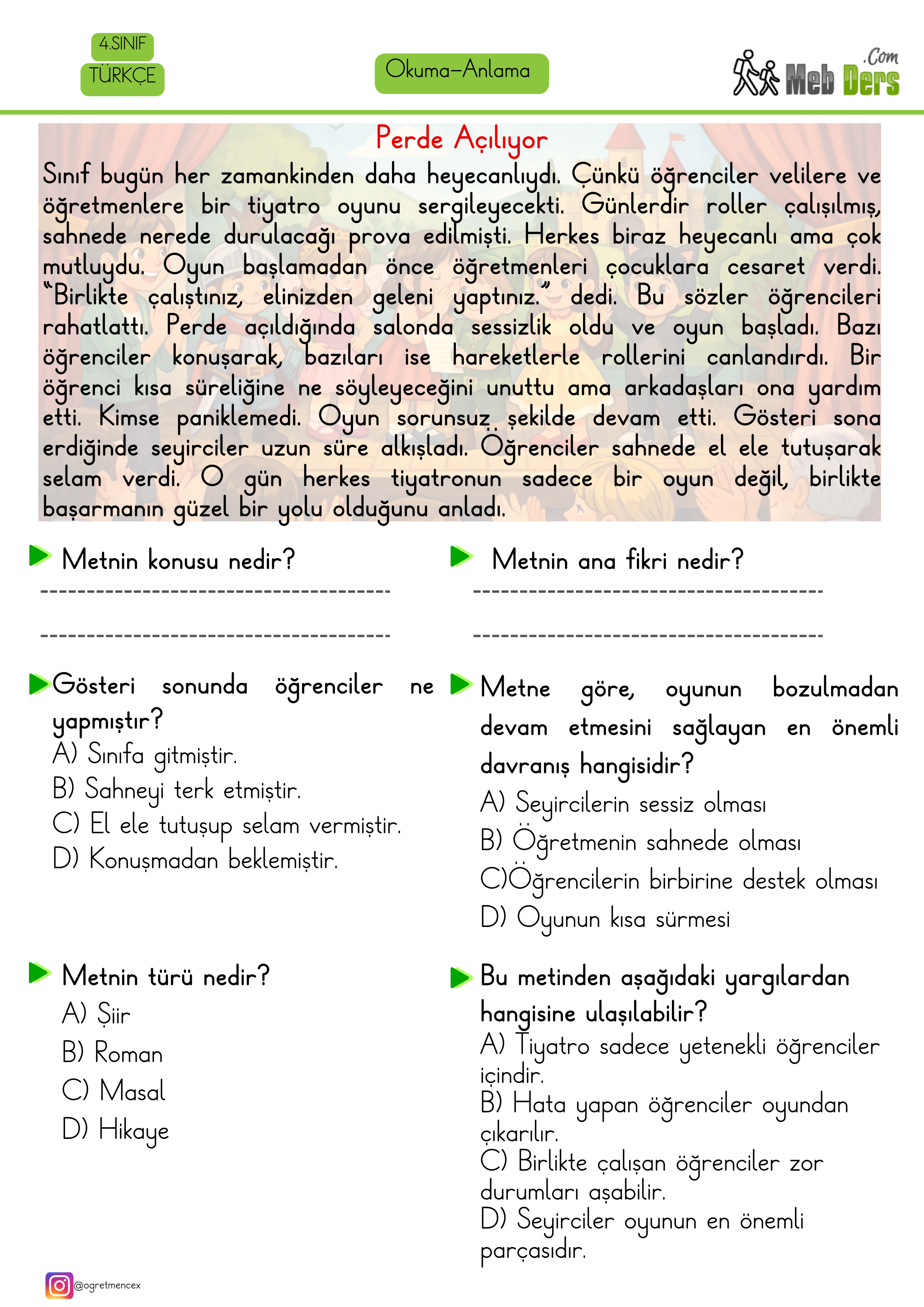 4. Sınıf Türkçe Okuduğunu Anlama Çalışması