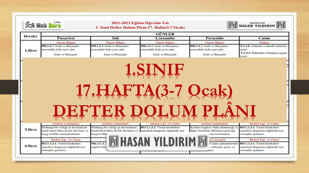 1. Sınıf 17.Hafta(3-7 Ocak) Defter Dolum Planı