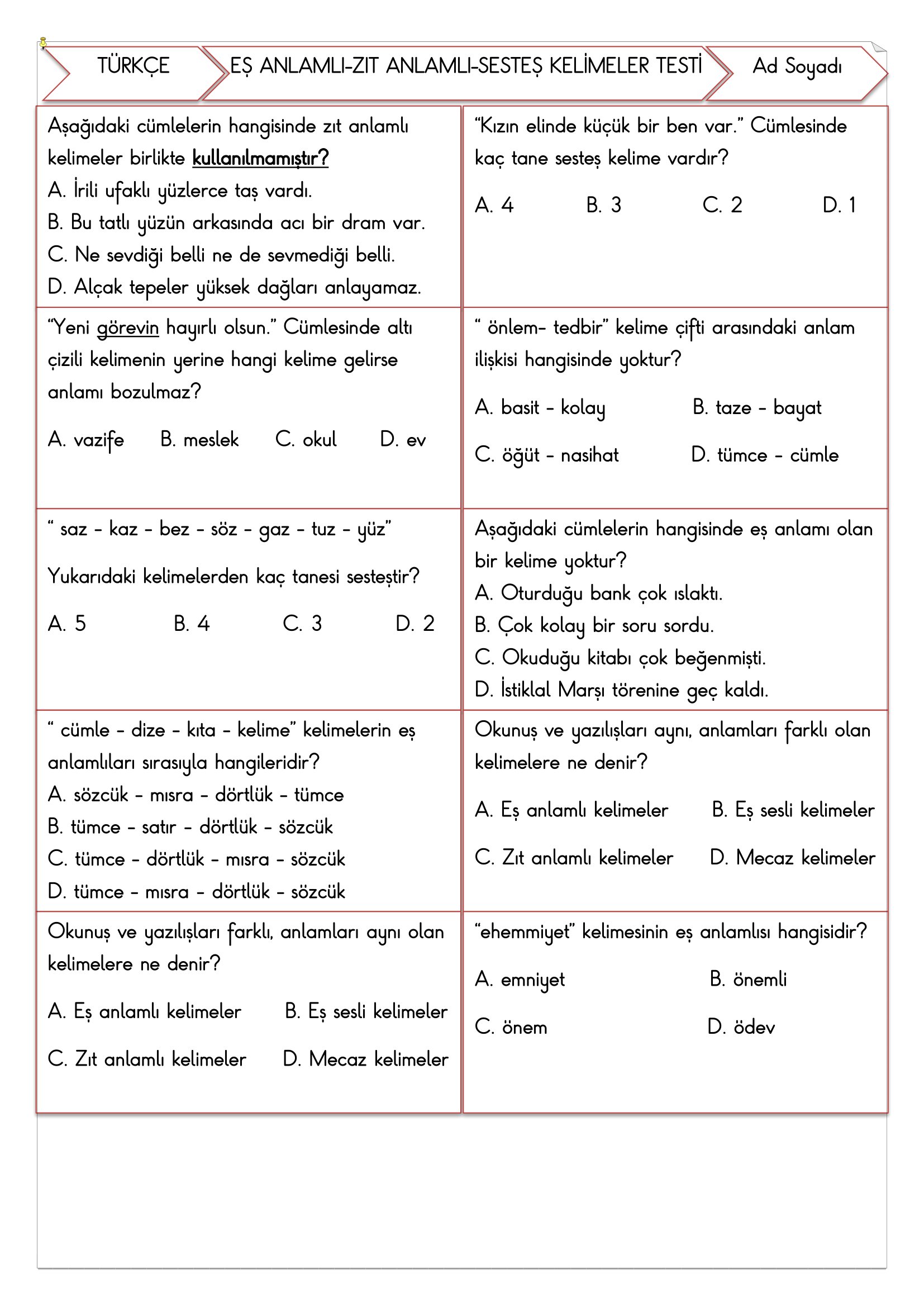 4. Sınıf Türkçe Eş Anlamlı-Zıt Anlamlı- Sesteş Kelimeler Testi